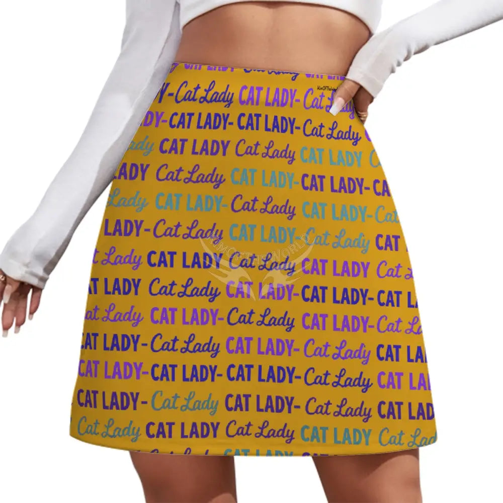 Mini Skirt - Mustard Cat Lady Print S Women’s Skirts & Dresses