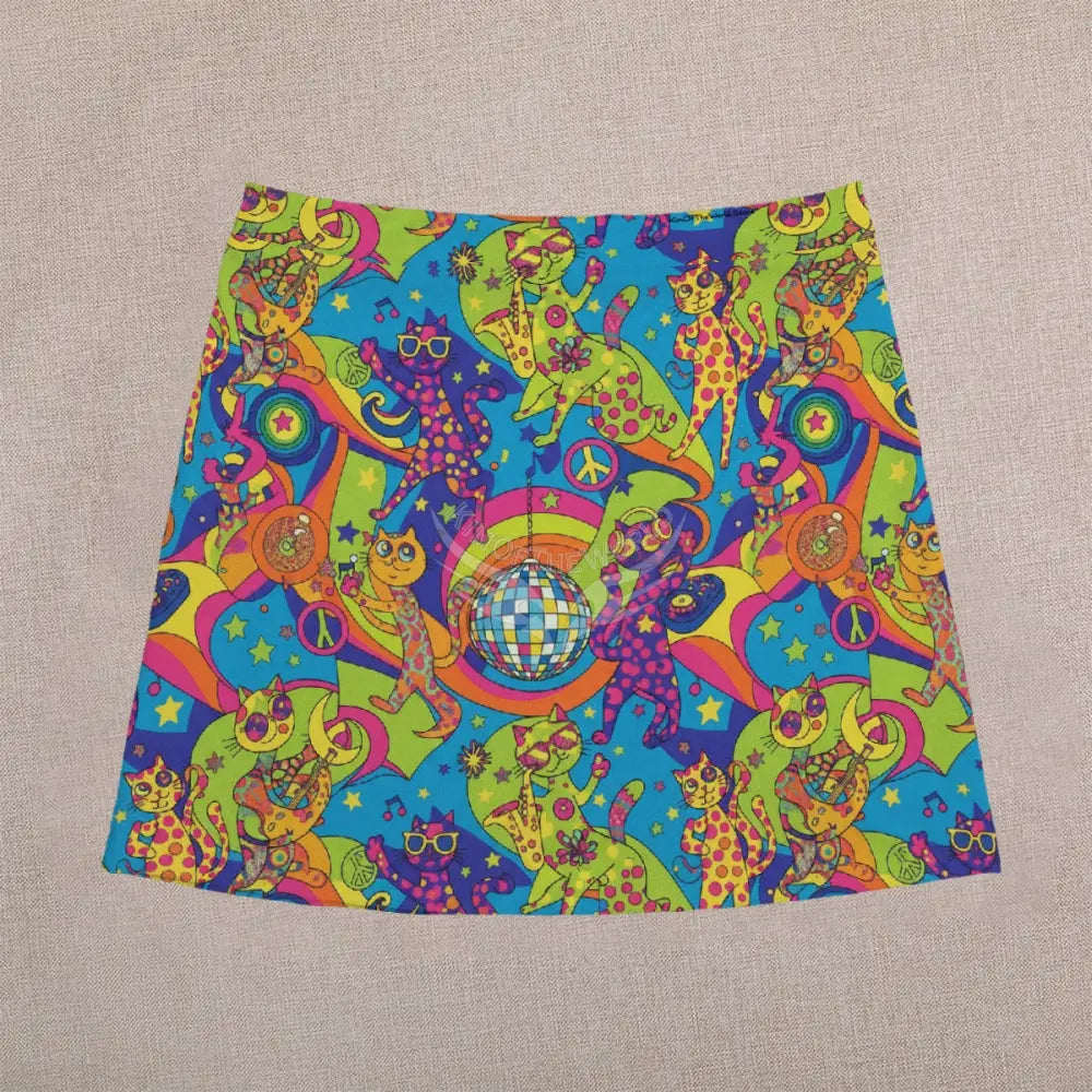 Mini Skirt - Retro Hippie Cat Print Women’s Skirts & Dresses