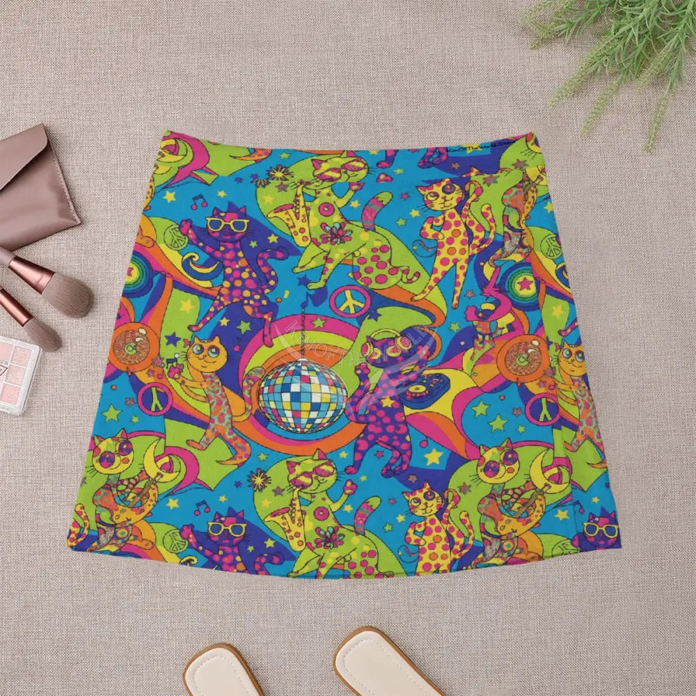 Mini Skirt - Retro Hippie Cat Print Women’s Skirts & Dresses