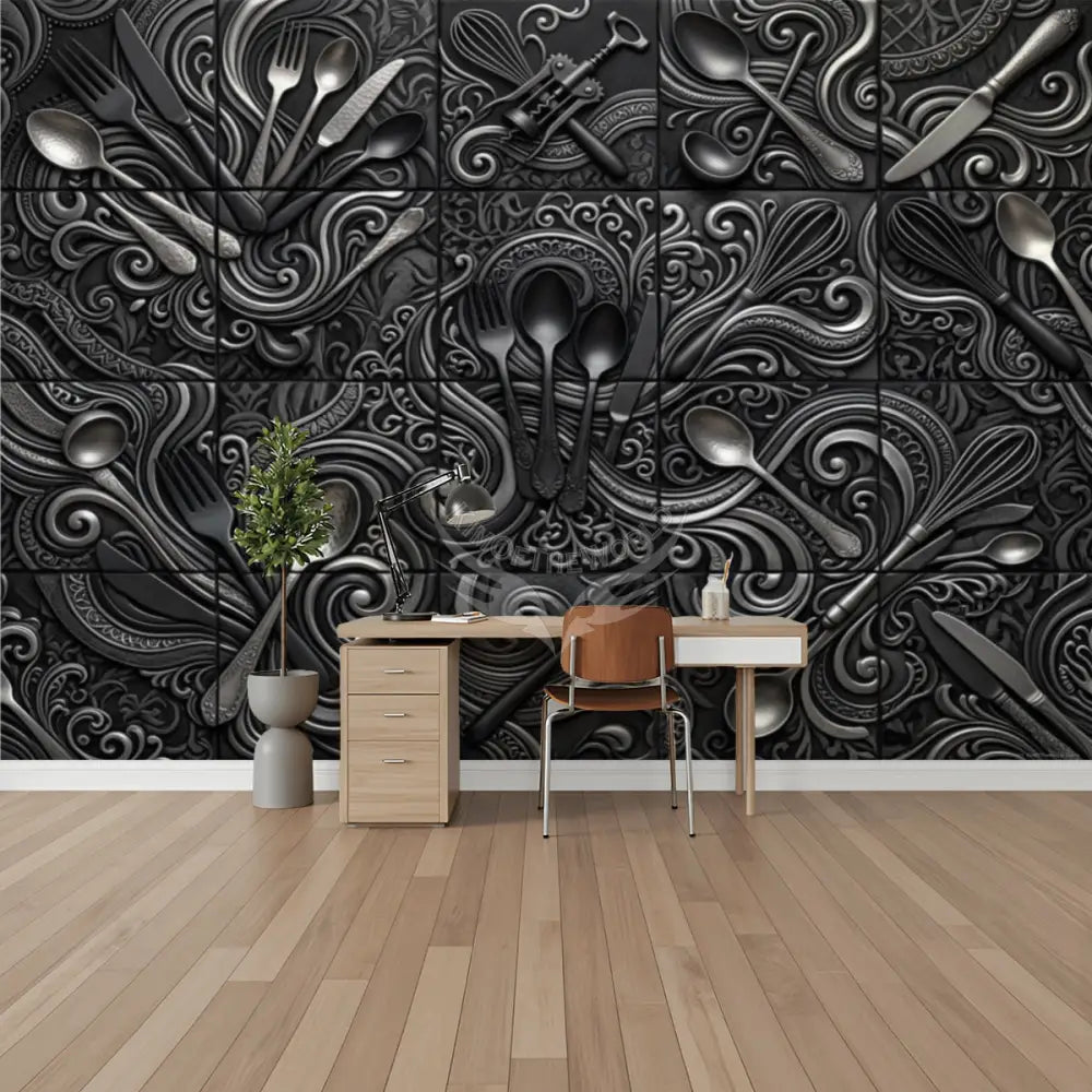 Modern Giant Kitchen Black Silver 3D Gothic Tile Unpasted Mural Wallpaper 144’’x100’’ 144’’x100’’ Wall Coverings