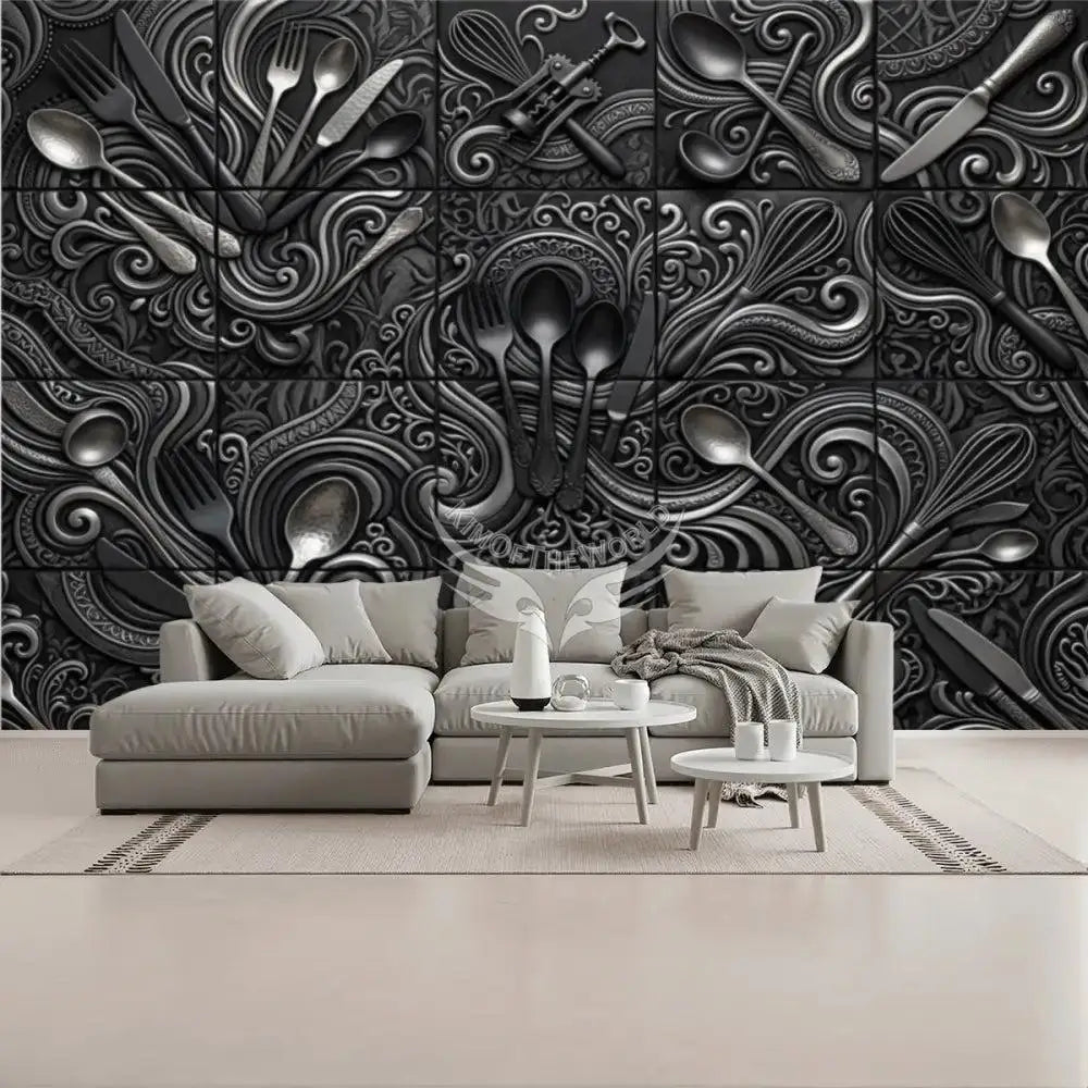 Modern Giant Kitchen Black Silver 3D Gothic Steampunk Flatware Tile Unpasted Mural Wallpaper 144’’x100’’ - 144’’x100’’