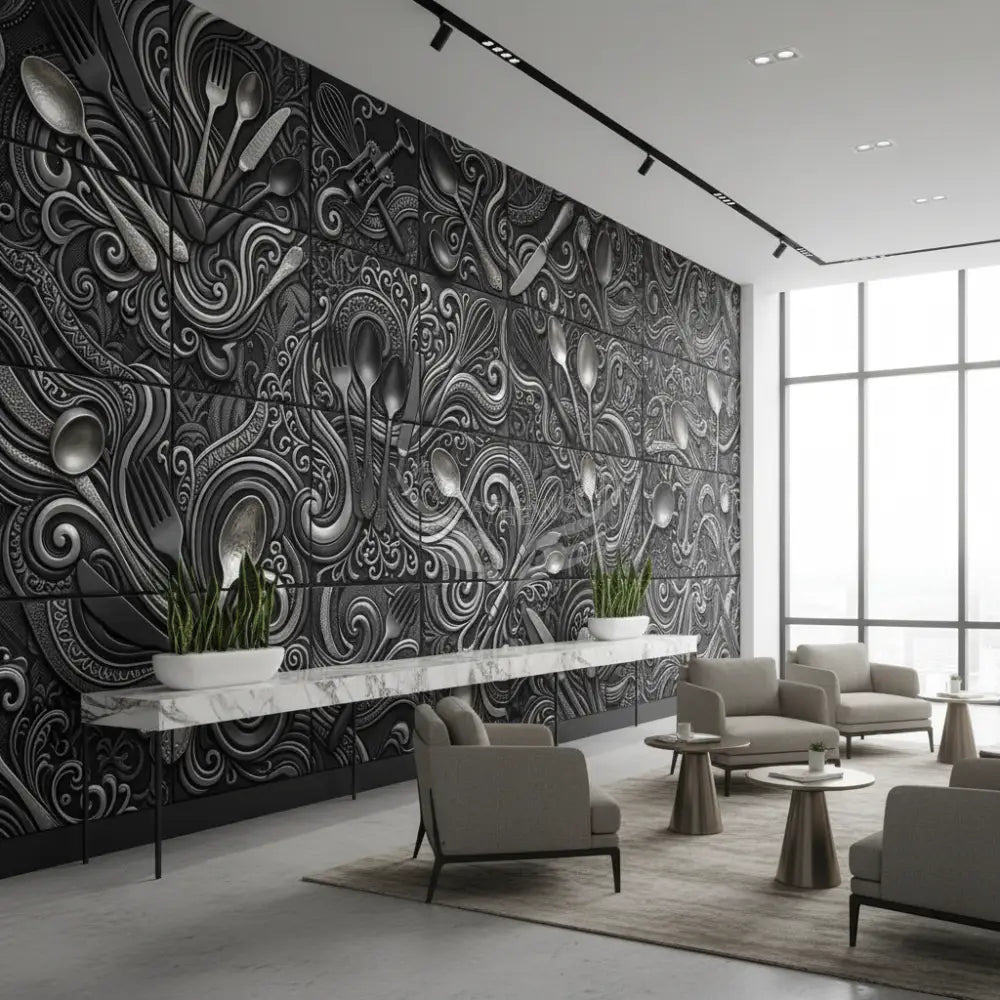Modern Giant Kitchen Black Silver 3D Gothic Steampunk Flatware Tile Unpasted Mural Wallpaper 144’’x100’’ - 144’’x100’’
