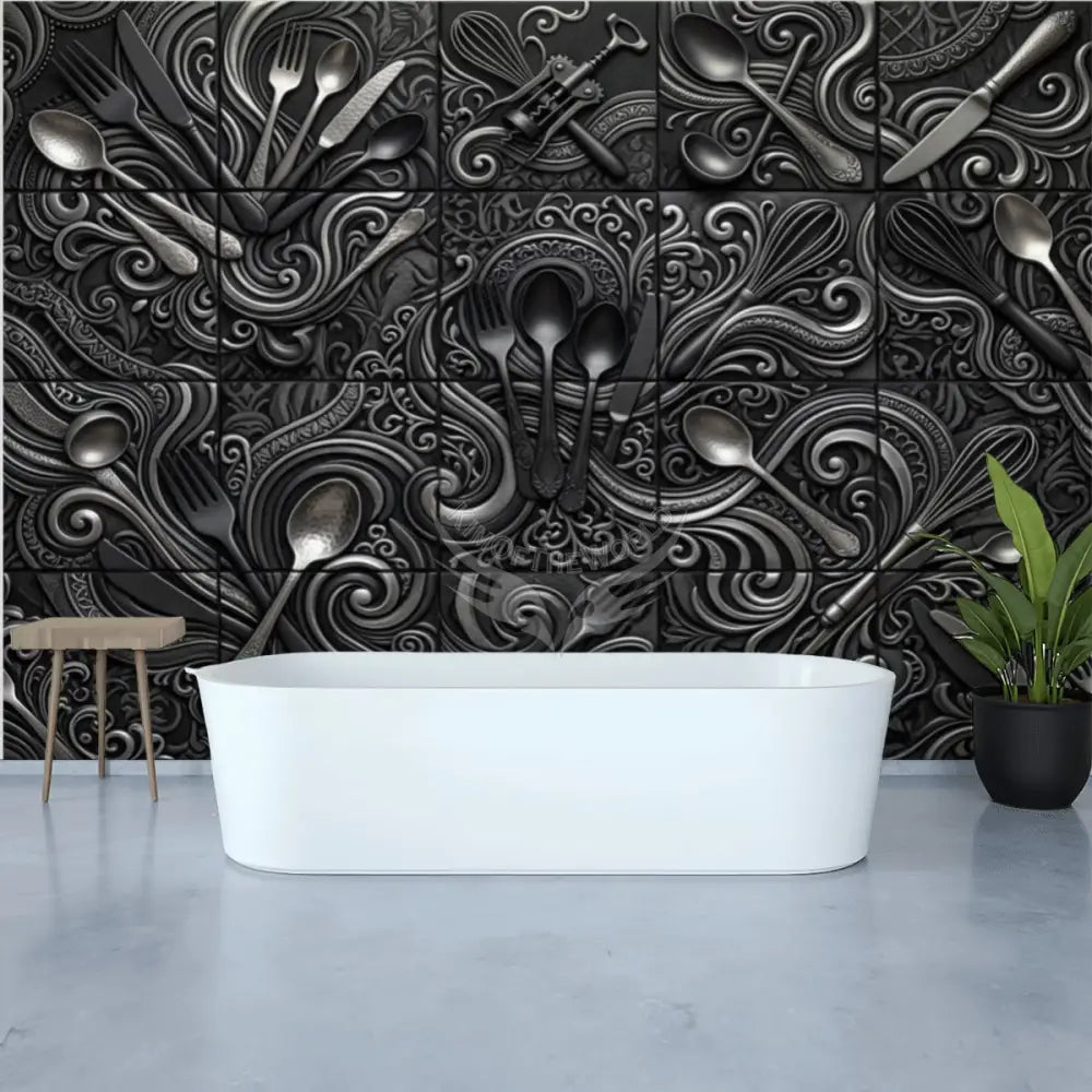 Modern Giant Kitchen Black Silver 3D Gothic Tile Unpasted Mural Wallpaper 144’’x100’’ 144’’x100’’ Wall Coverings