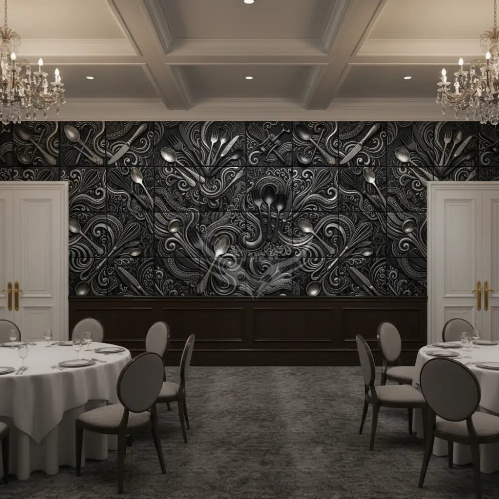 Modern Giant Kitchen Black Silver 3D Gothic Steampunk Flatware Tile Unpasted Mural Wallpaper 144’’x100’’ - 144’’x100’’