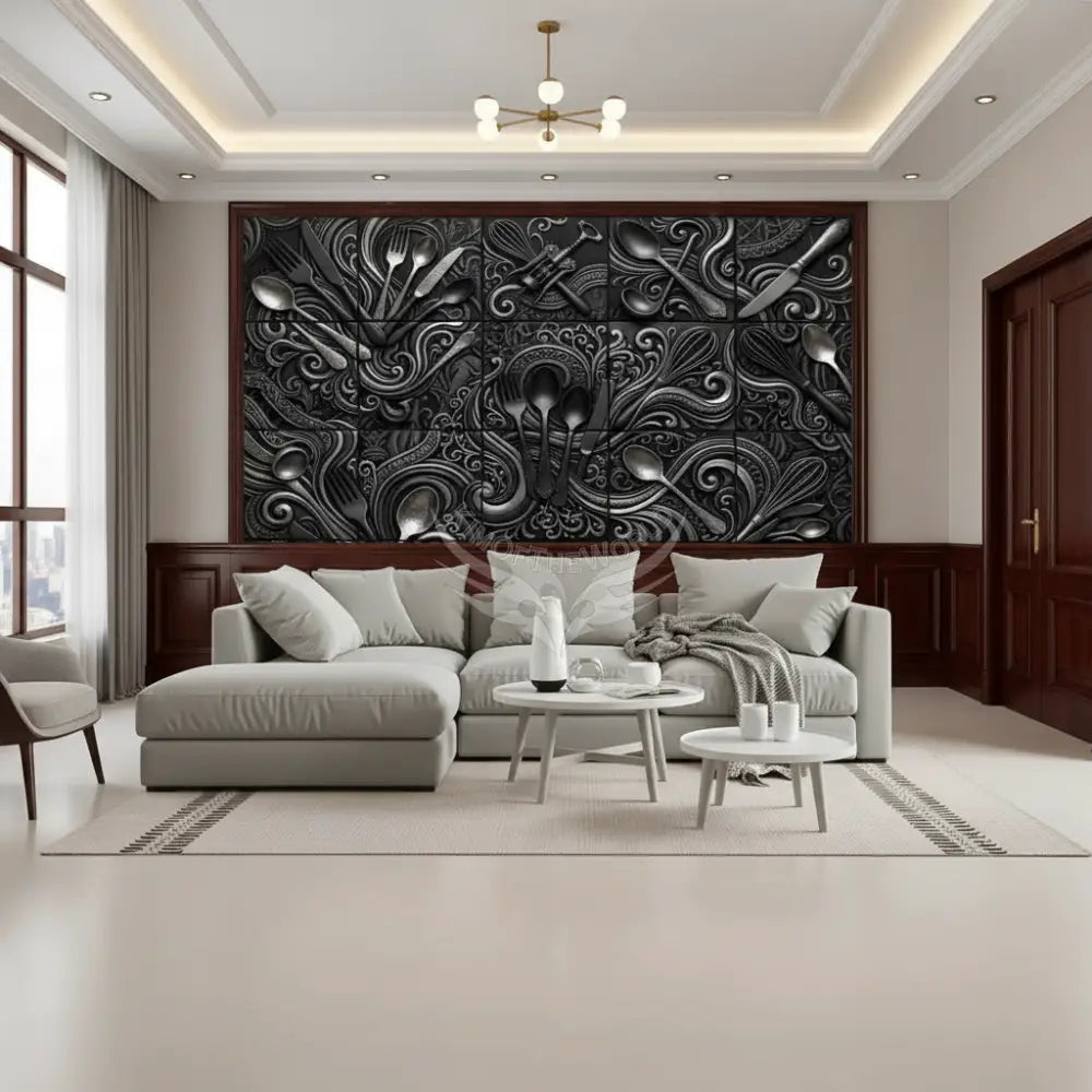 Modern Giant Kitchen Black Silver 3D Gothic Steampunk Flatware Tile Unpasted Mural Wallpaper 144’’x100’’ - 144’’x100’’