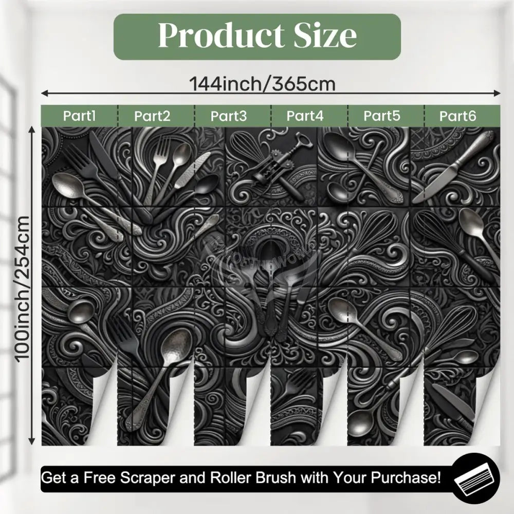 Modern Giant Kitchen Black Silver 3D Gothic Tile Unpasted Mural Wallpaper 144’’x100’’ 144’’x100’’ Wall Coverings