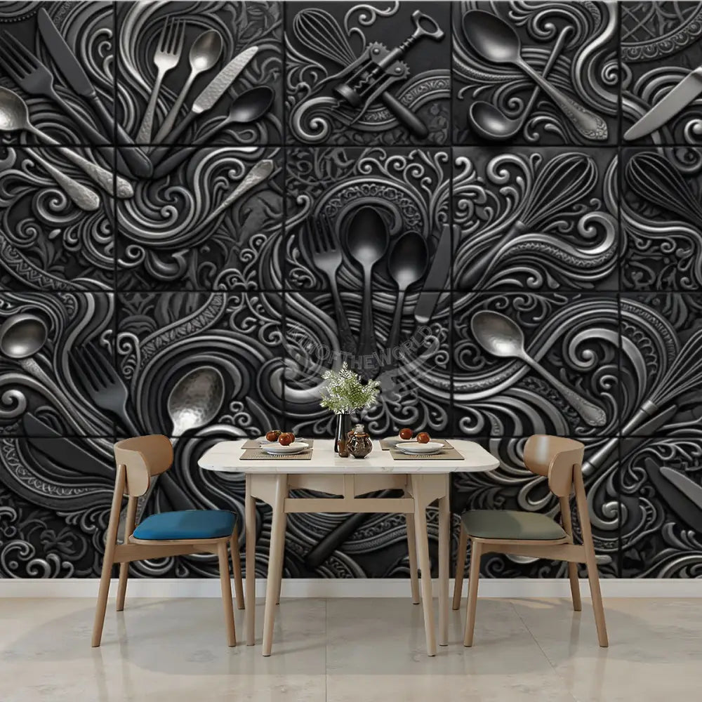 Modern Giant Kitchen Black Silver 3D Gothic Tile Unpasted Mural Wallpaper 144’’x100’’ 144’’x100’’ Wall Coverings