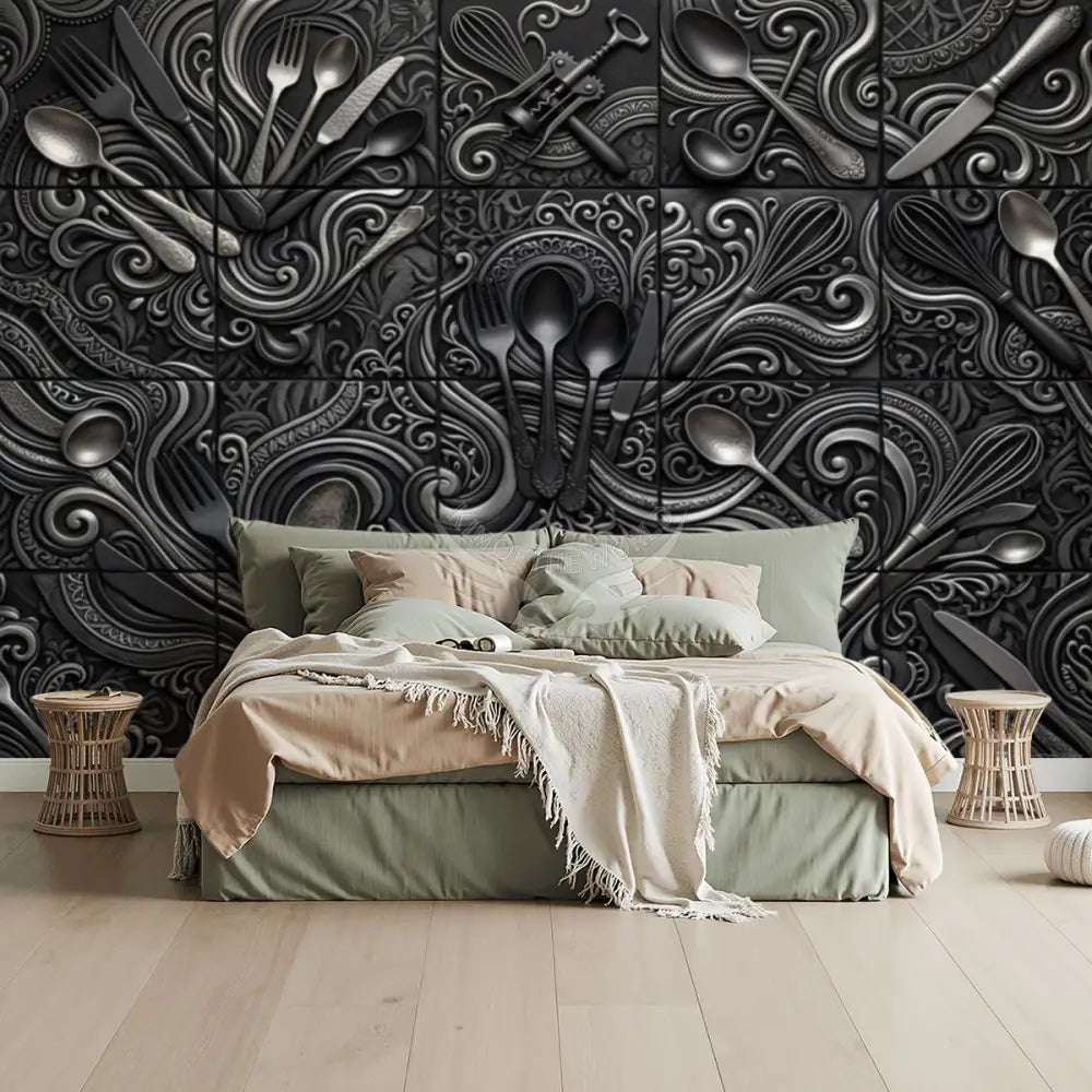 Modern Giant Kitchen Black Silver 3D Gothic Tile Unpasted Mural Wallpaper 144’’x100’’ 144’’x100’’ Wall Coverings