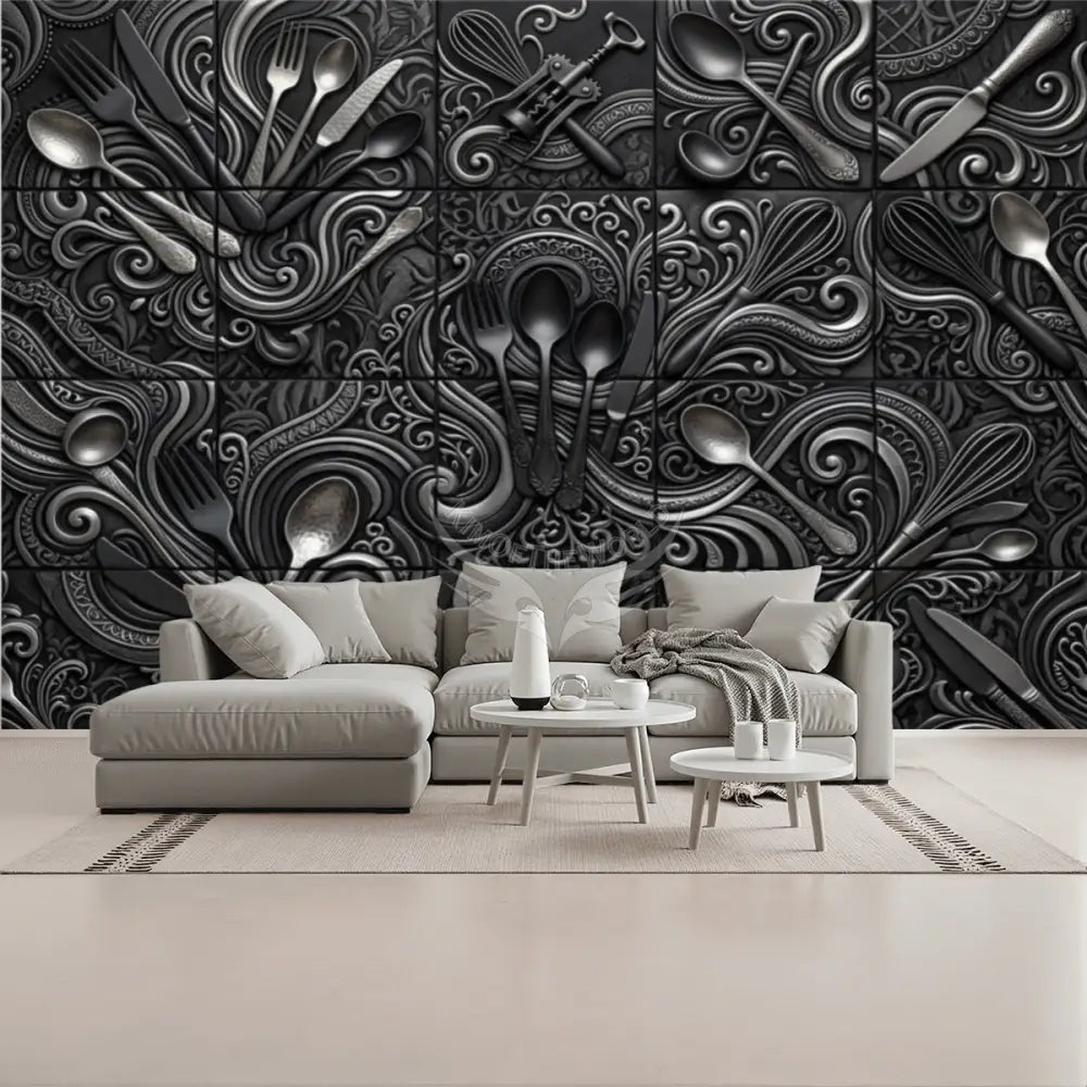 Modern Giant Kitchen Black Silver 3D Gothic Tile Unpasted Mural Wallpaper 144’’x100’’ 144’’x100’’ Wall Coverings
