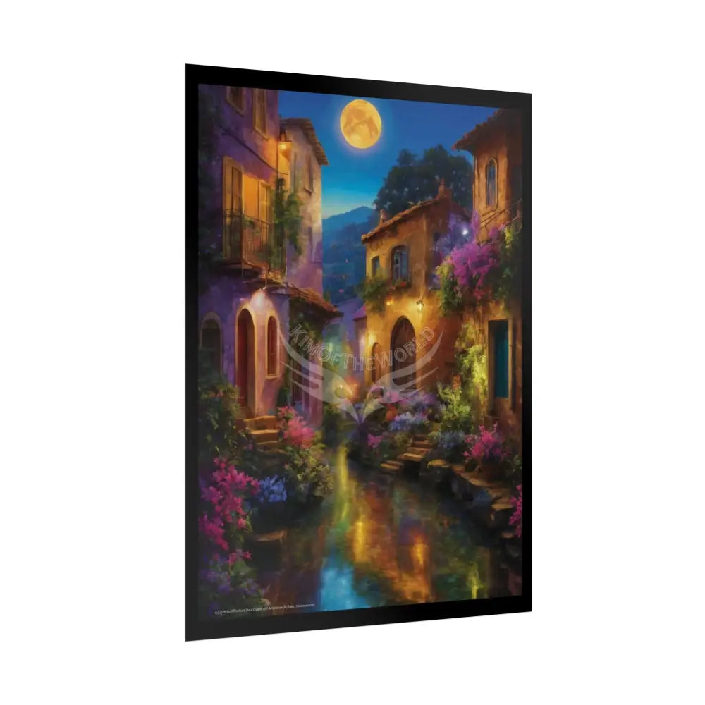 Moonlit Floral Village Poster — Riverside Village Reflection Art Print Poster
