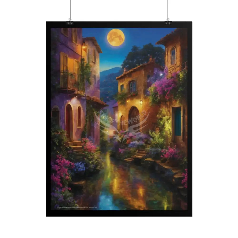 Moonlit Floral Village Poster — Riverside Village Reflection Art Print Poster