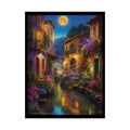 Moonlit Floral Village Poster — Riverside Village Reflection Art Print 18″ x 24″ (Vertical) / Semi Glossy Poster