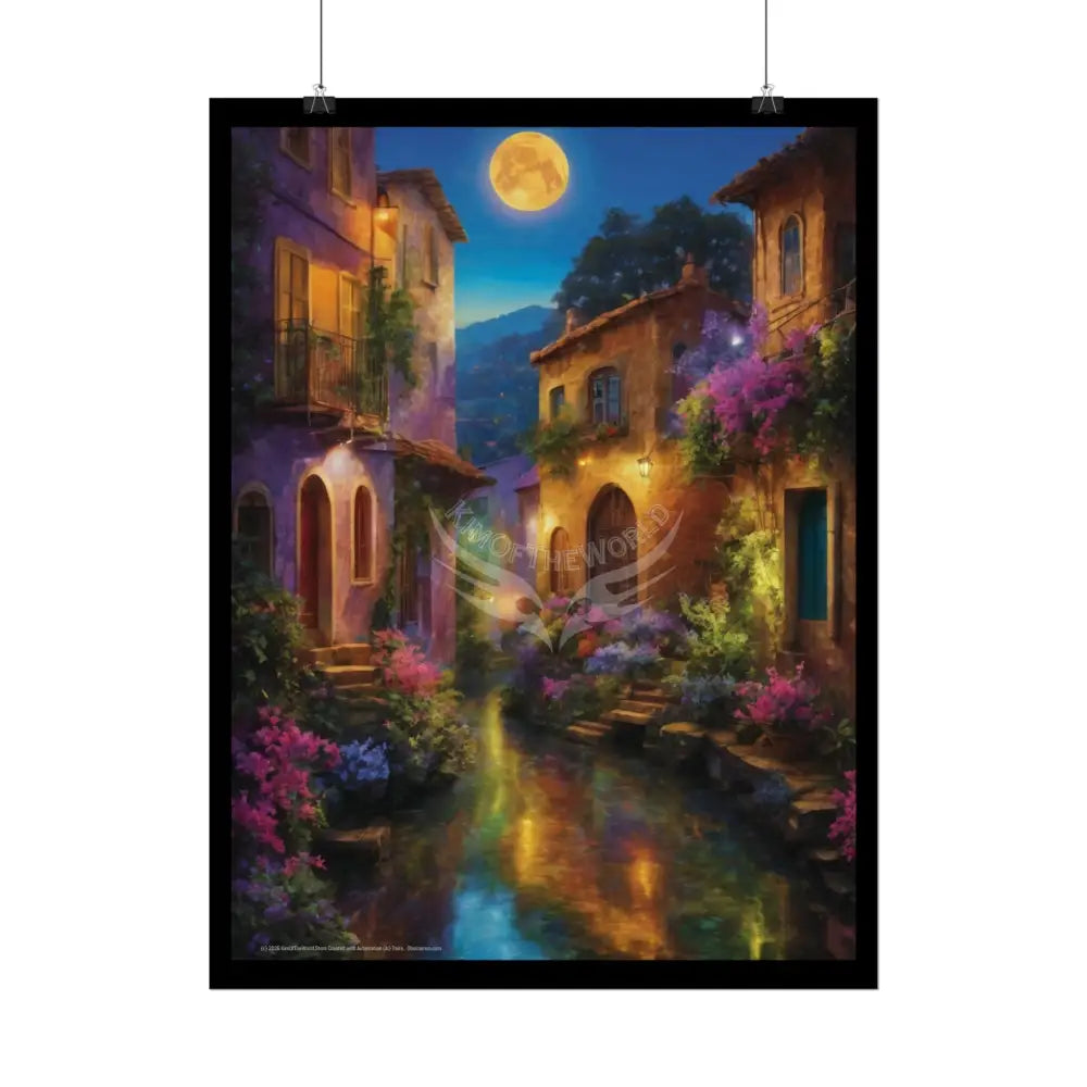 Moonlit Floral Village Poster — Riverside Village Reflection Art Print Poster