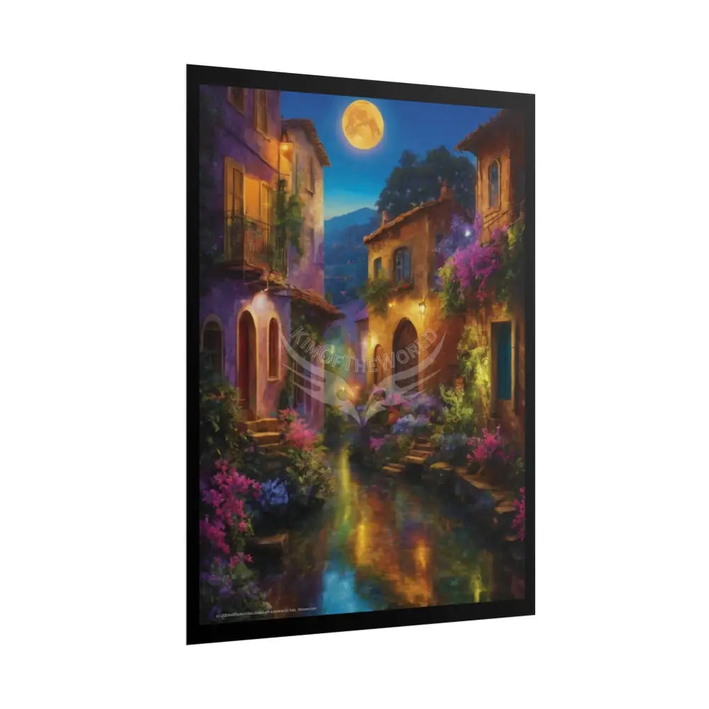 Moonlit Floral Village Poster — Riverside Village Reflection Art Print Poster