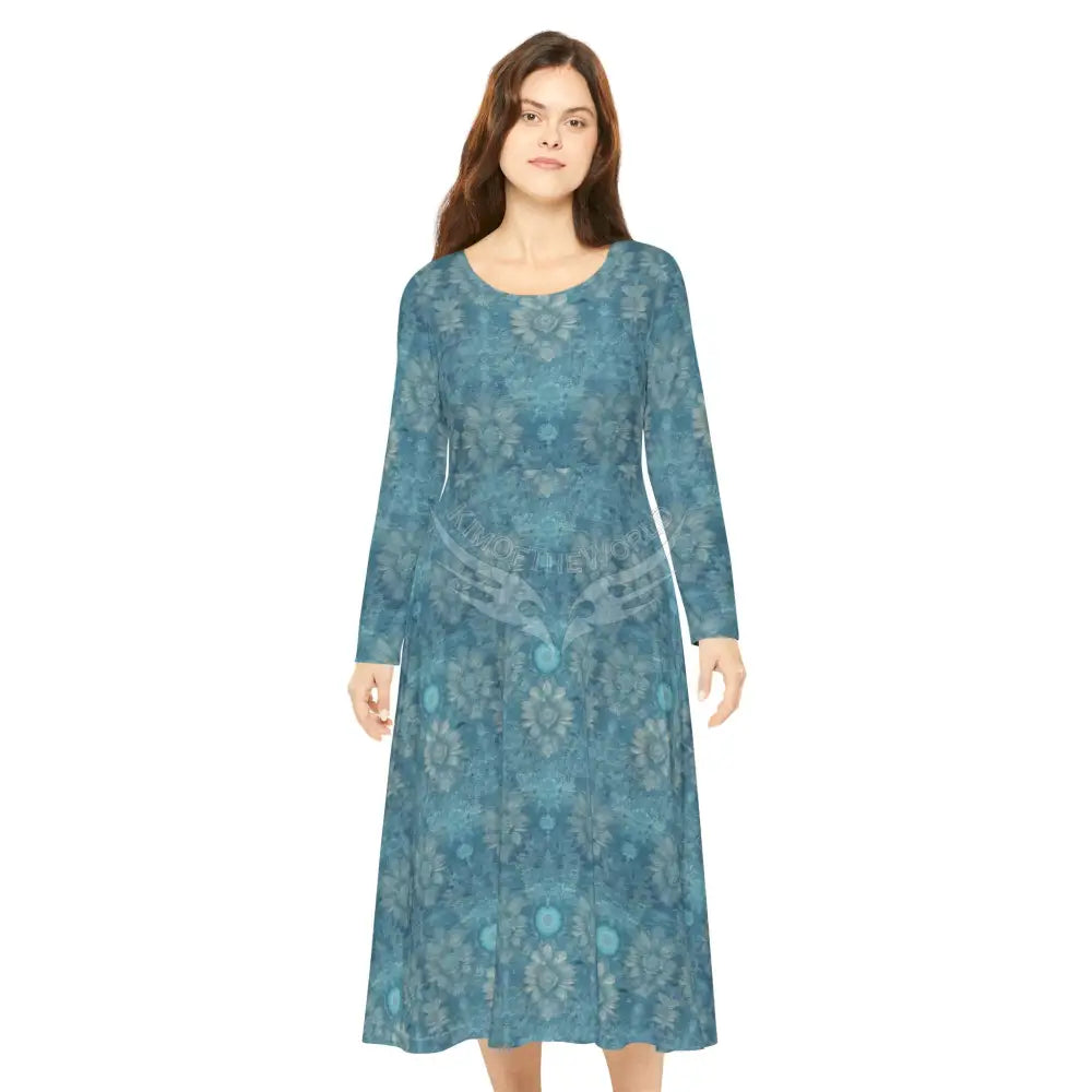 Muted Teal Floral Wallpaper Print Dress – Women’s Long Sleeve AOP L All Over Prints