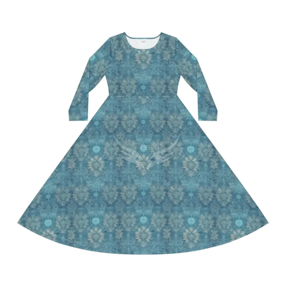 Muted Teal Floral Wallpaper Print Dress – Women’s Long Sleeve AOP L All Over Prints