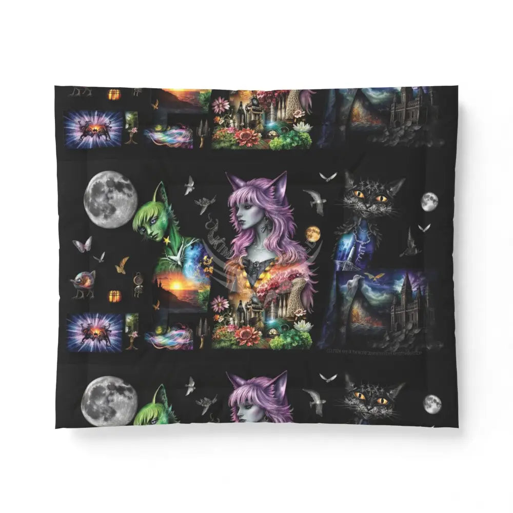 Mystic Cat Girl Collage Cotton Comforter — Moonlit Fantasy Bedding 104’’ x 88’’ Home Decor