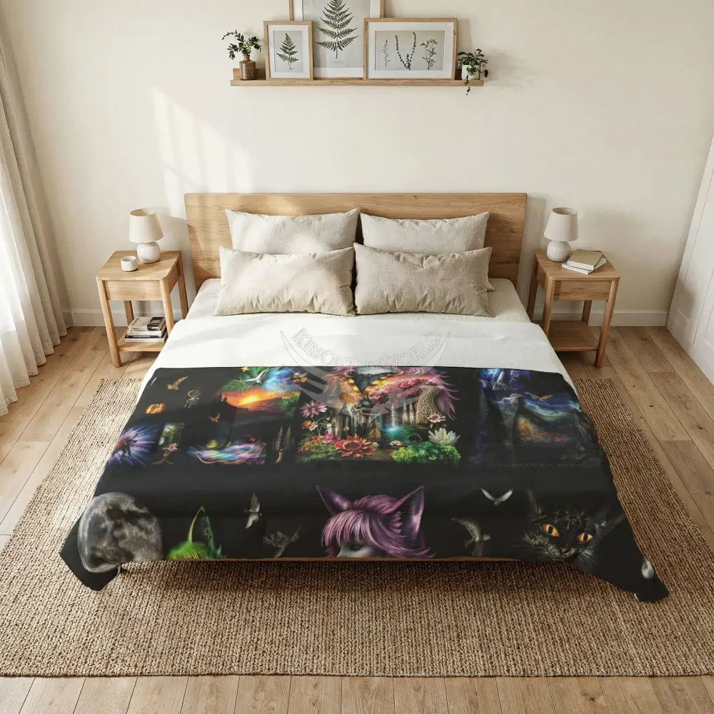 Mystic Cat Girl Collage Cotton Comforter — Moonlit Fantasy Bedding 104’’ x 88’’ Home Decor