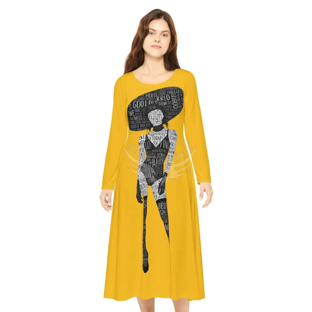 ’No Labels’ Cute Character Lady Random Letters Print Long Sleeve Dress S All Over Prints