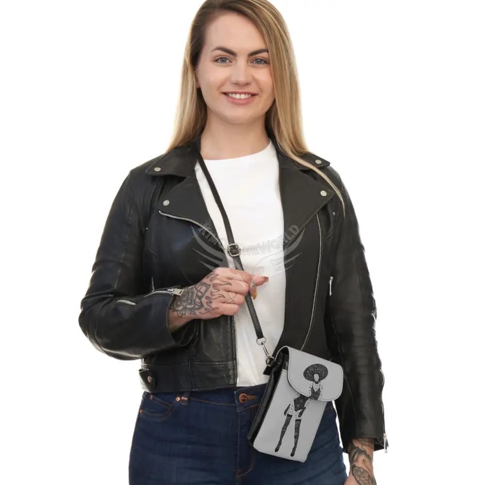 ’No Labels’ Printed Lady Grey Cell Phone Purse Wallet — Small Crossbody Phone Purse 7.5’’ × 4.9’’ × 1’’ Bags