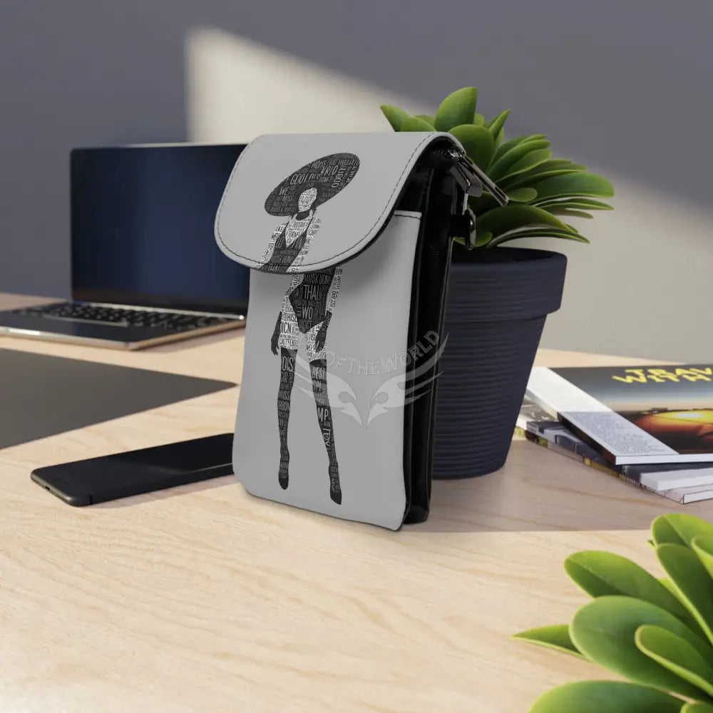 ’No Labels’ Printed Lady Grey Cell Phone Purse Wallet — Small Crossbody Phone Purse 7.5’’ × 4.9’’ × 1’’ Bags