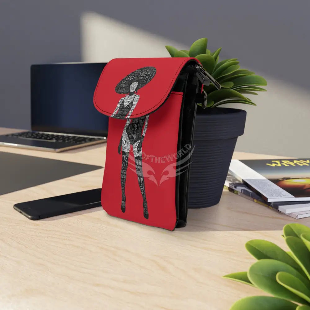 ’No Labels’ Printed Lady Red Cell Phone Purse Wallet — Small Crossbody Phone Purse 7.5’’ × 4.9’’ × 1’’ Bags