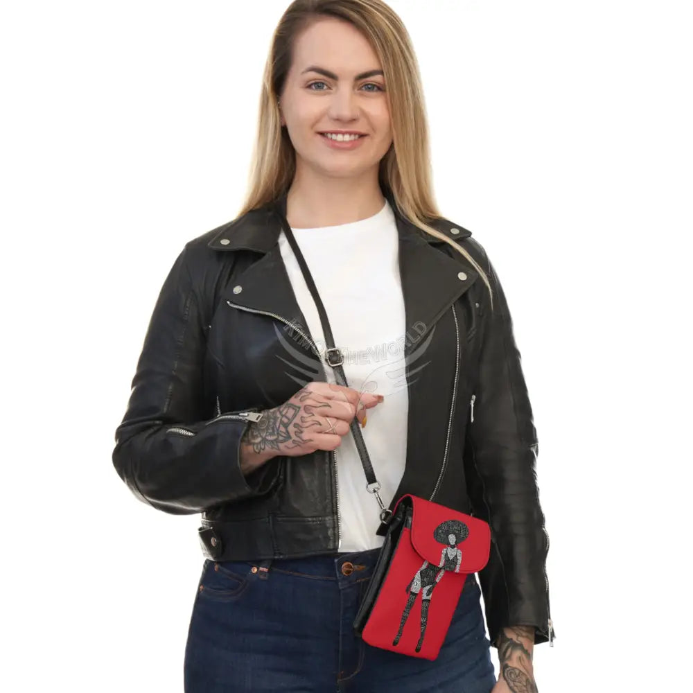 ’No Labels’ Printed Lady Red Cell Phone Purse Wallet — Small Crossbody Phone Purse 7.5’’ × 4.9’’ × 1’’ Bags