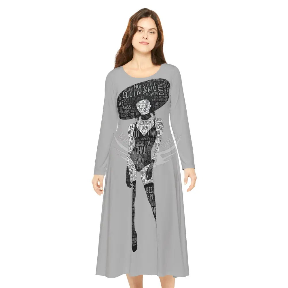 ’No Labels’ Text Character Lady Random Letters Print Long Sleeve Dress All Over Prints