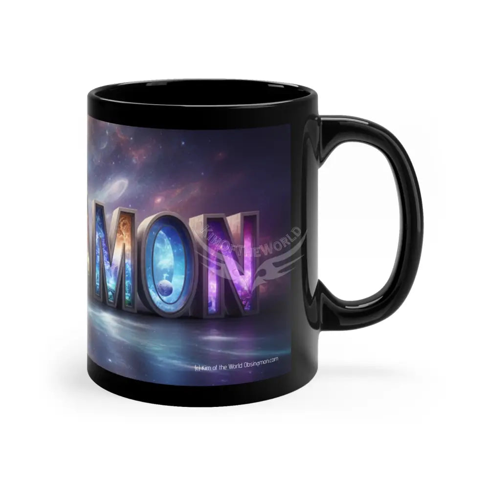 ’OBSINAMON’ Art Emporium Banner Nebula Coffee Mug — 11oz Black Ceramic Space Text Design 11oz / Black Mug