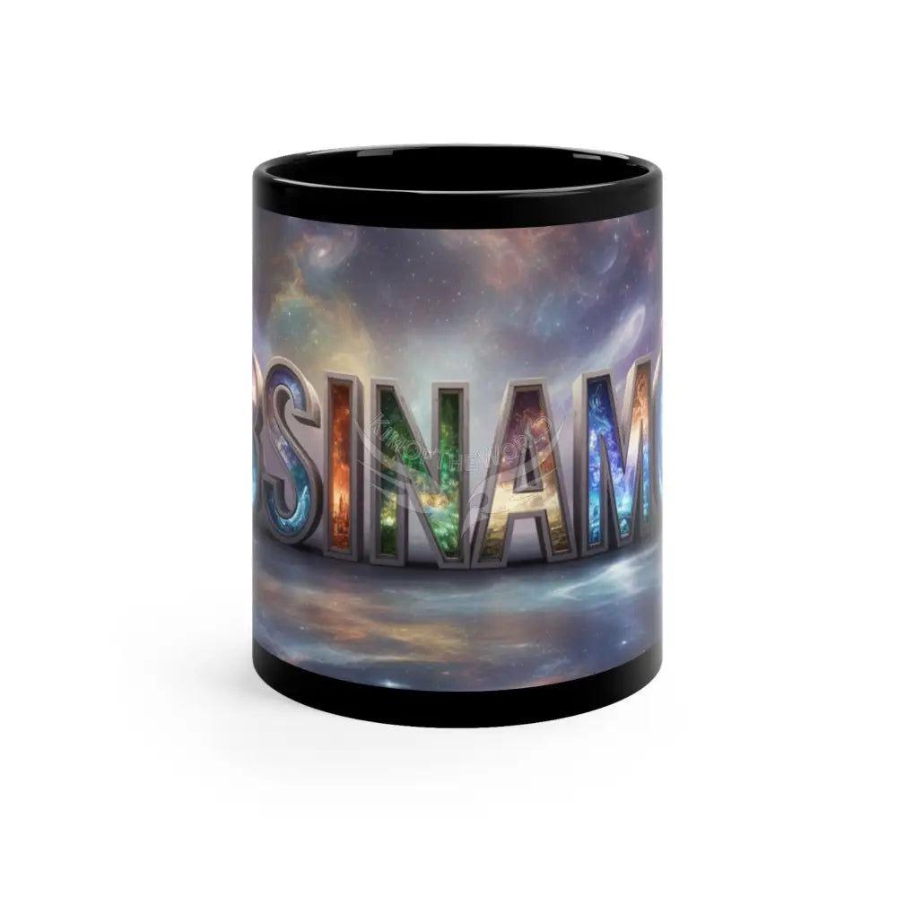 ’OBSINAMON’ Art Emporium Banner Nebula Coffee Mug — 11oz Black Ceramic Space Text Design 11oz / Black Mug