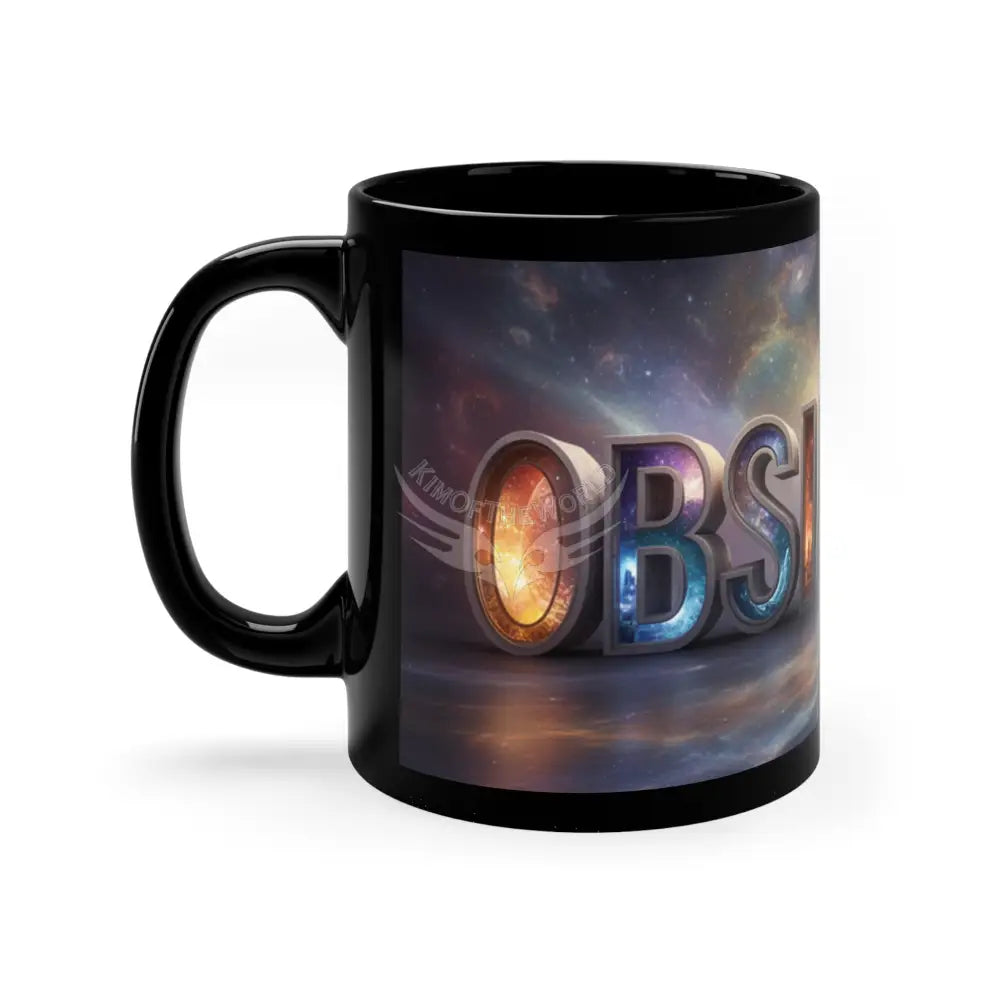 ’OBSINAMON’ Art Emporium Banner Nebula Coffee Mug — 11oz Black Ceramic Space Text Design 11oz / Black Mug