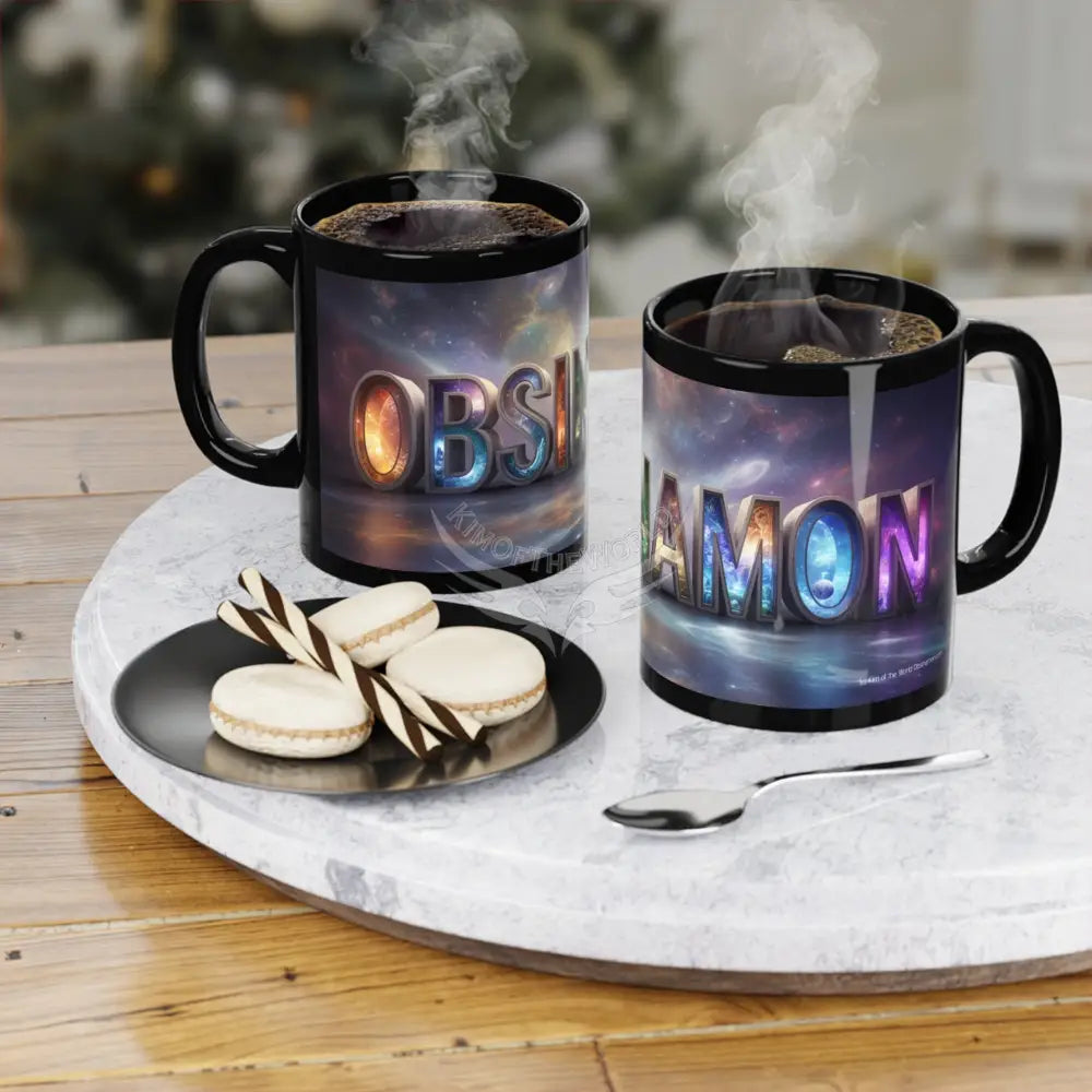 ’OBSINAMON’ Art Emporium Banner Nebula Coffee Mug — 11oz Black Ceramic Space Text Design 11oz / Black Mug