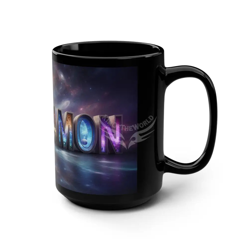 ’OBSINAMON’ Art Emporium Black 15oz Mug — ’Arsenalmon’ Colorful Space Lettering Coffee Cup 15oz Mug