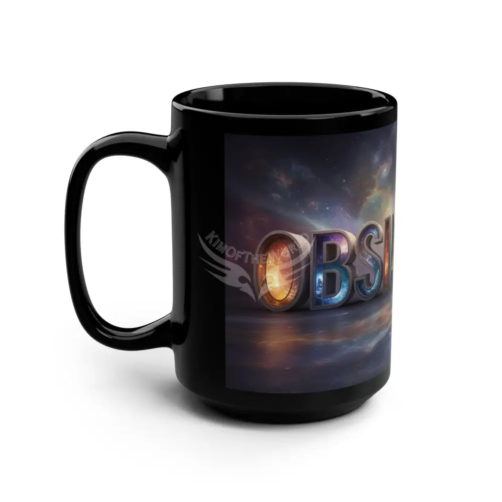 ’OBSINAMON’ Art Emporium Black 15oz Mug — ’Arsenalmon’ Colorful Space Lettering Coffee Cup 15oz Mug
