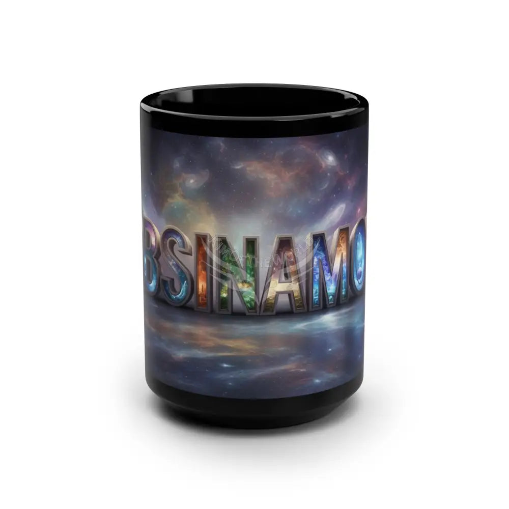 ’OBSINAMON’ Art Emporium Black 15oz Mug — ’Arsenalmon’ Colorful Space Lettering Coffee Cup 15oz Mug