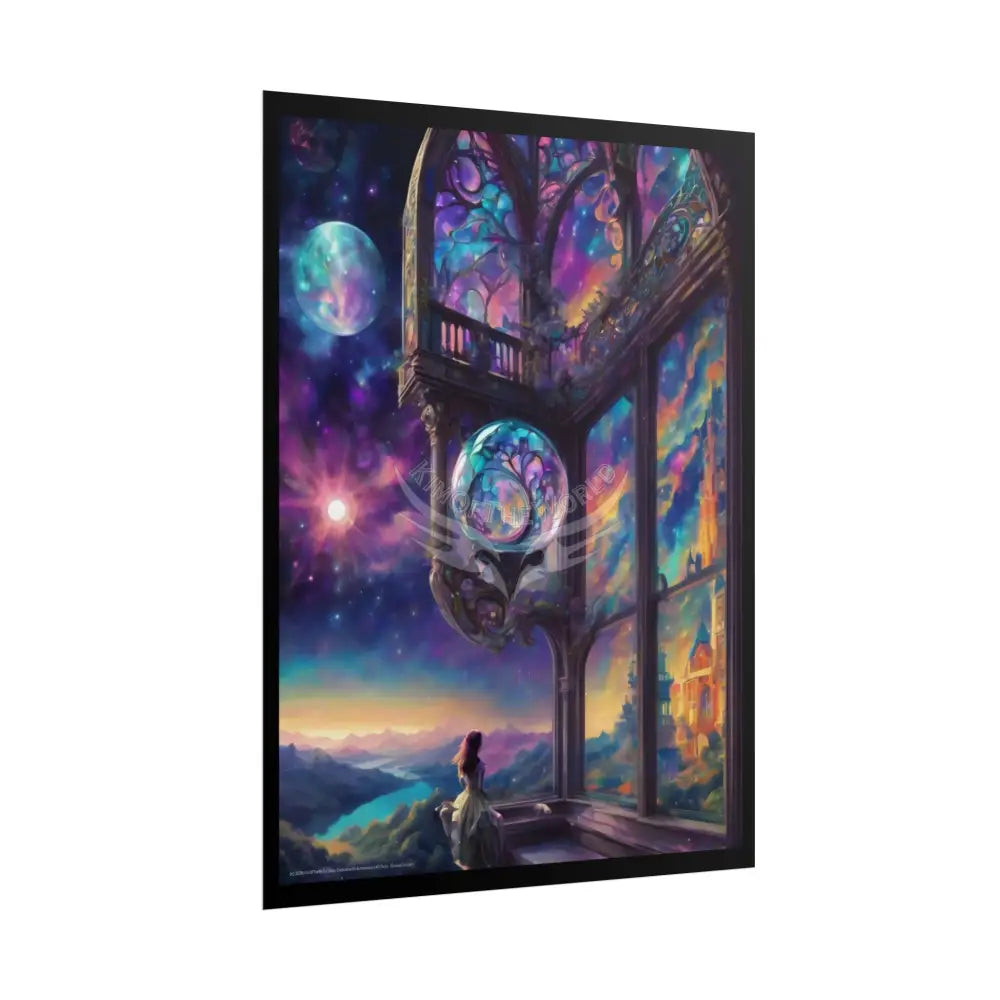 Open-Air Stained Glass Beachside Fantasy Multi-Level Interiors Rolled Poster – Dreamlike Scene Art Print Poster