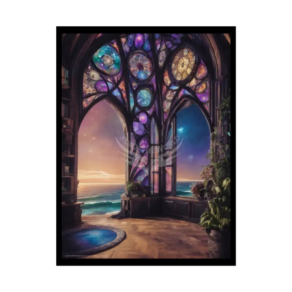 Open-Air Stained Glass Beachside Fantasy Multi-Level Interiors Rolled Poster – Dreamlike Scene Art Print 18″ x 24″