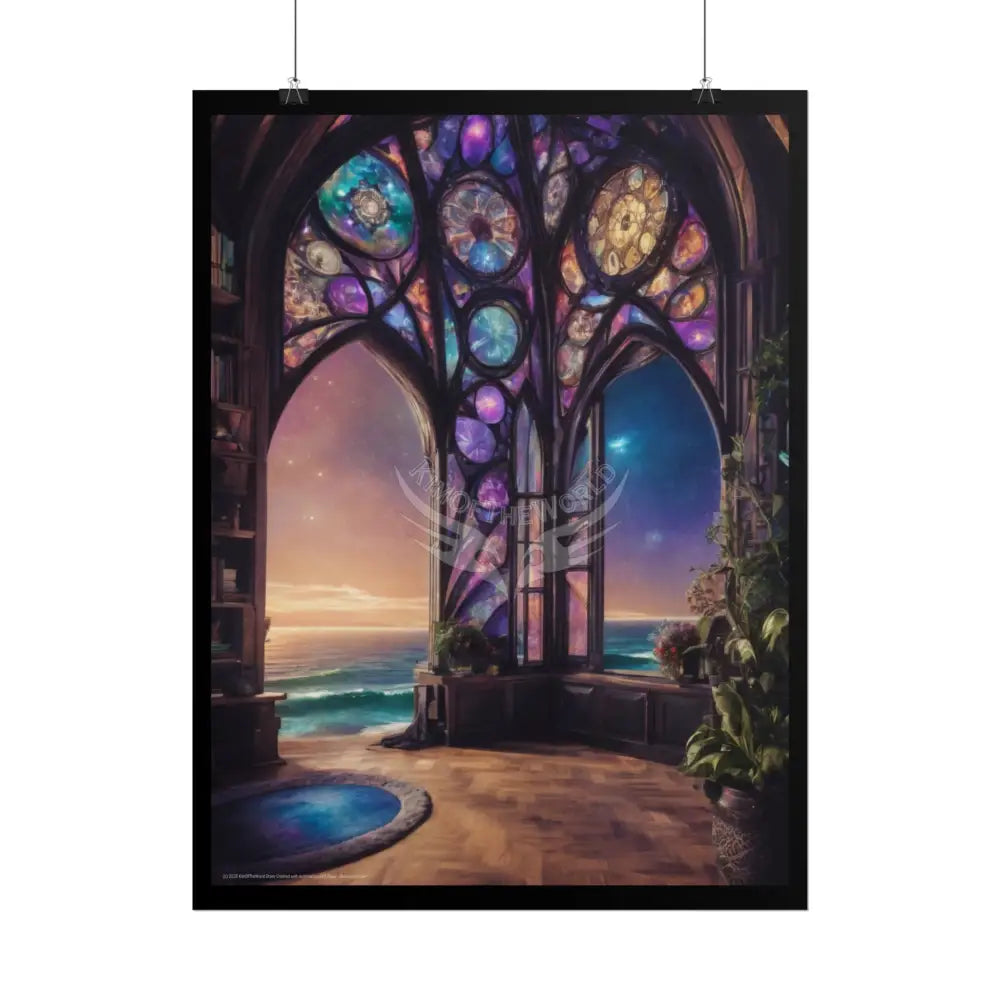 Open-Air Stained Glass Beachside Fantasy Multi-Level Interiors Rolled Poster – Dreamlike Scene Art Print Poster