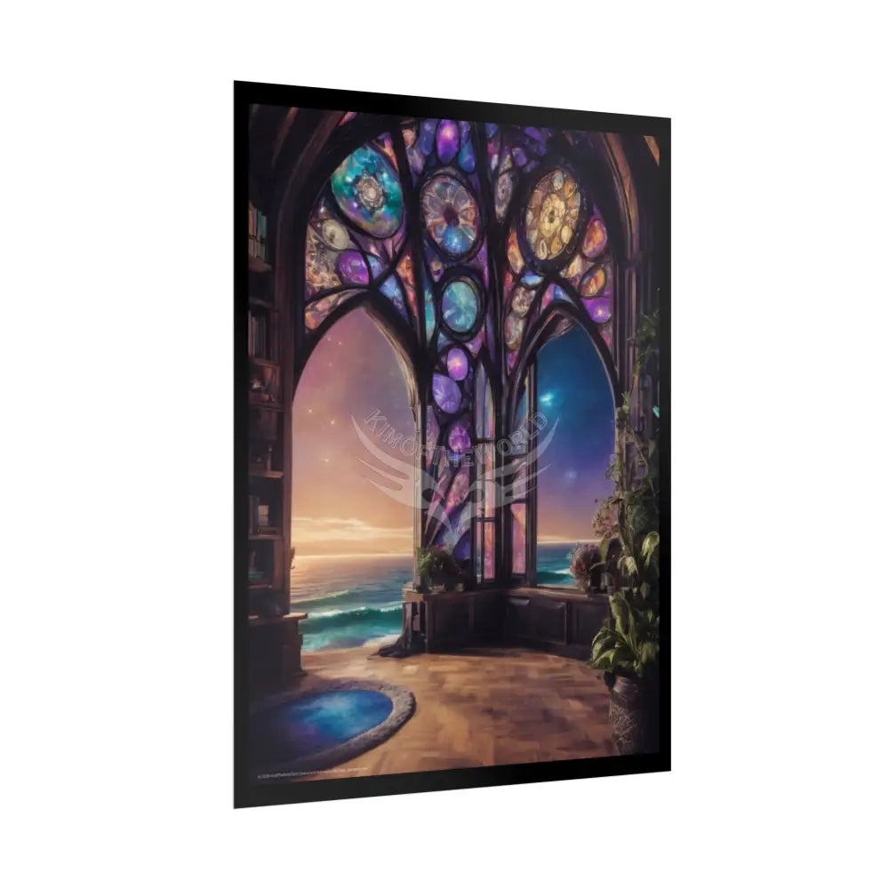 Open-Air Stained Glass Beachside Fantasy Multi-Level Interiors Rolled Poster – Dreamlike Scene Art Print Poster