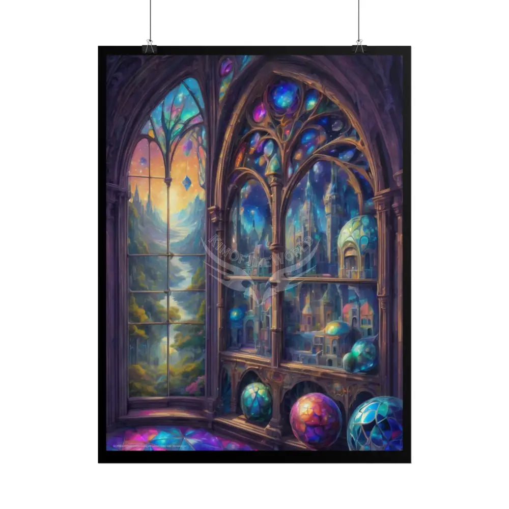 Open-Air Stained Glass Beachside Fantasy Multi-Level Interiors Rolled Poster – Dreamlike Scene Art Print Poster