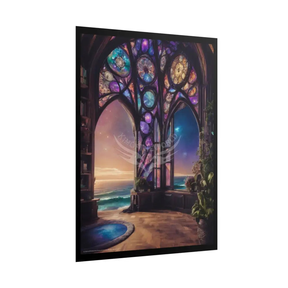 Open-Air Stained Glass Beachside Fantasy Multi-Level Interiors Rolled Poster – Dreamlike Scene Art Print Poster