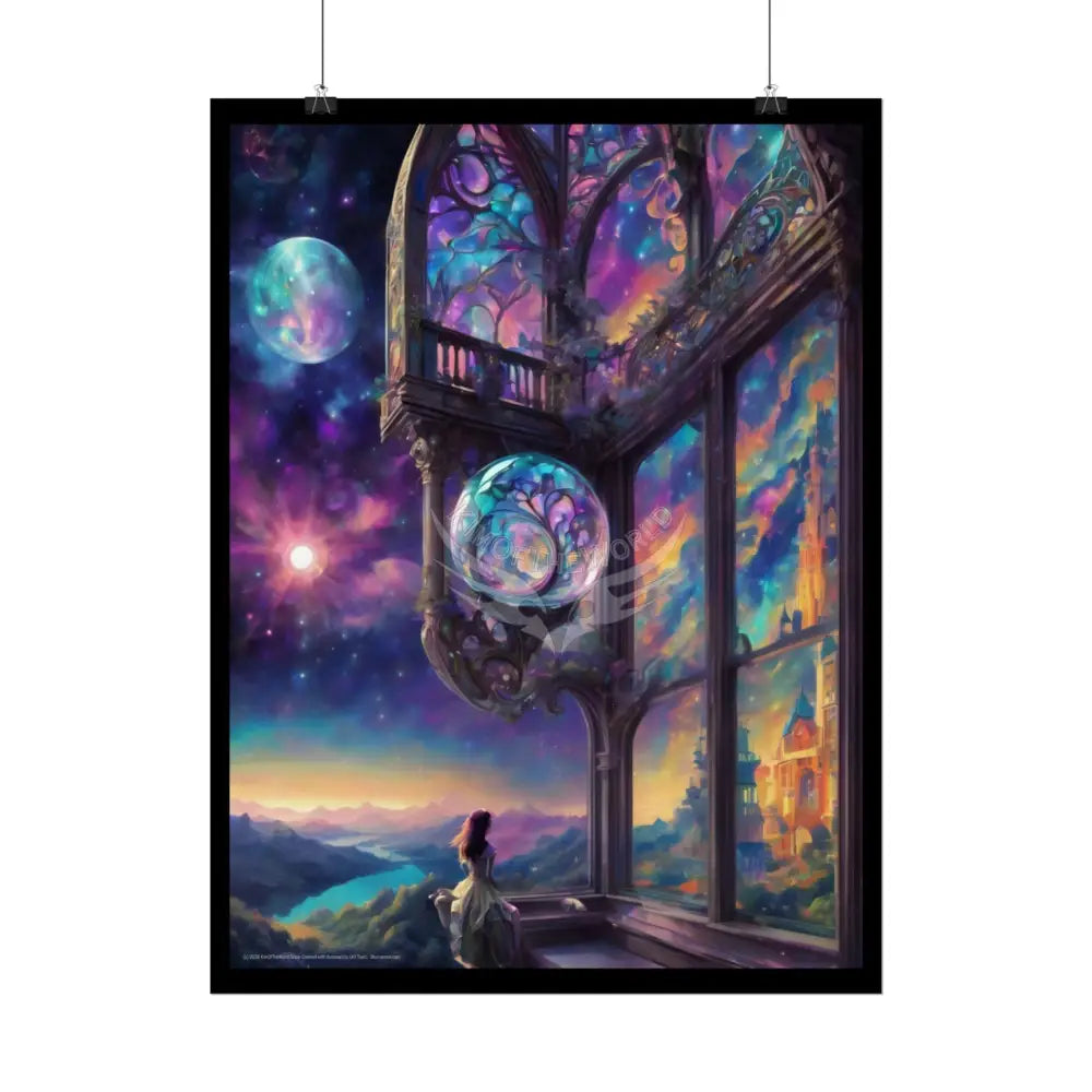 Open-Air Stained Glass Beachside Fantasy Multi-Level Interiors Rolled Poster – Dreamlike Scene Art Print Poster