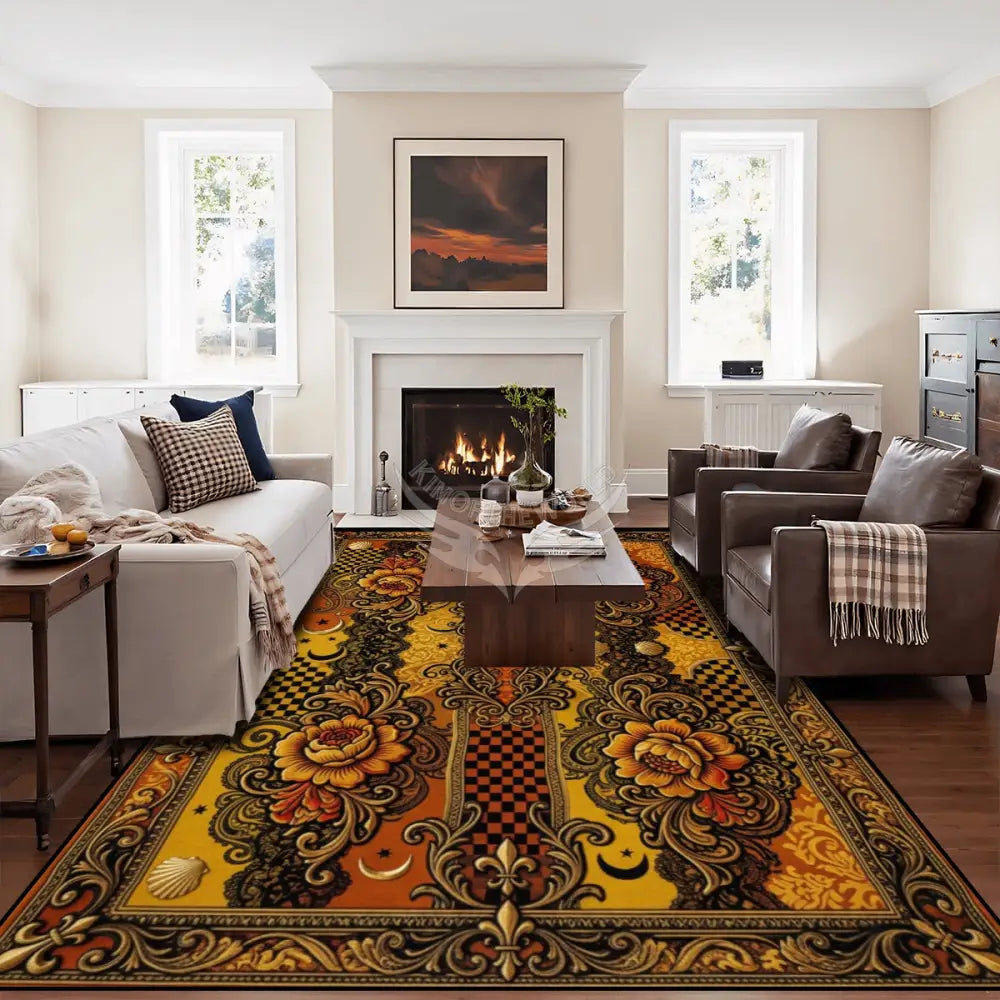 Orange and Gold Yellow 3D Floral Design 10 ft x 8 ft Large Area Rug Floor Carpet 120’’x96’’ Rugs & Mats