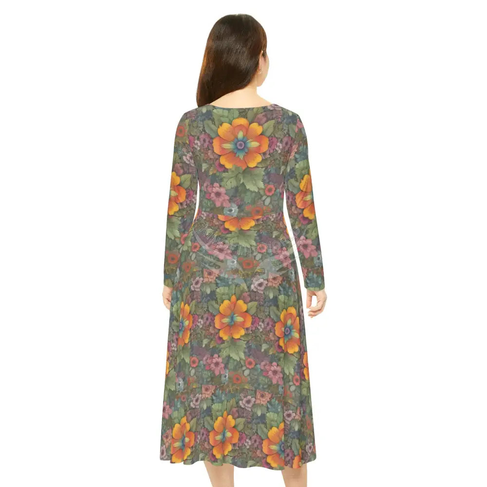 Orange Flower Wallpaper Print Dress – Women’s Long Sleeve AOP L All Over Prints