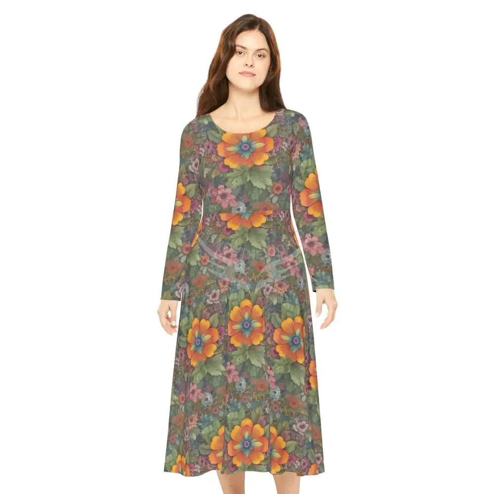 Orange Flower Wallpaper Print Dress – Women’s Long Sleeve AOP L All Over Prints