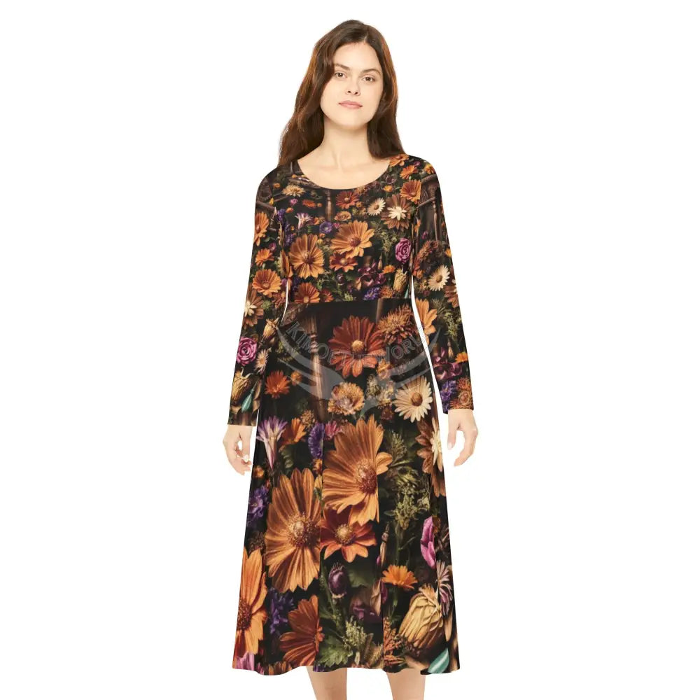 Orange Patch 3D Floral Dance Dress – Women’s Long Sleeve AOP L All Over Prints