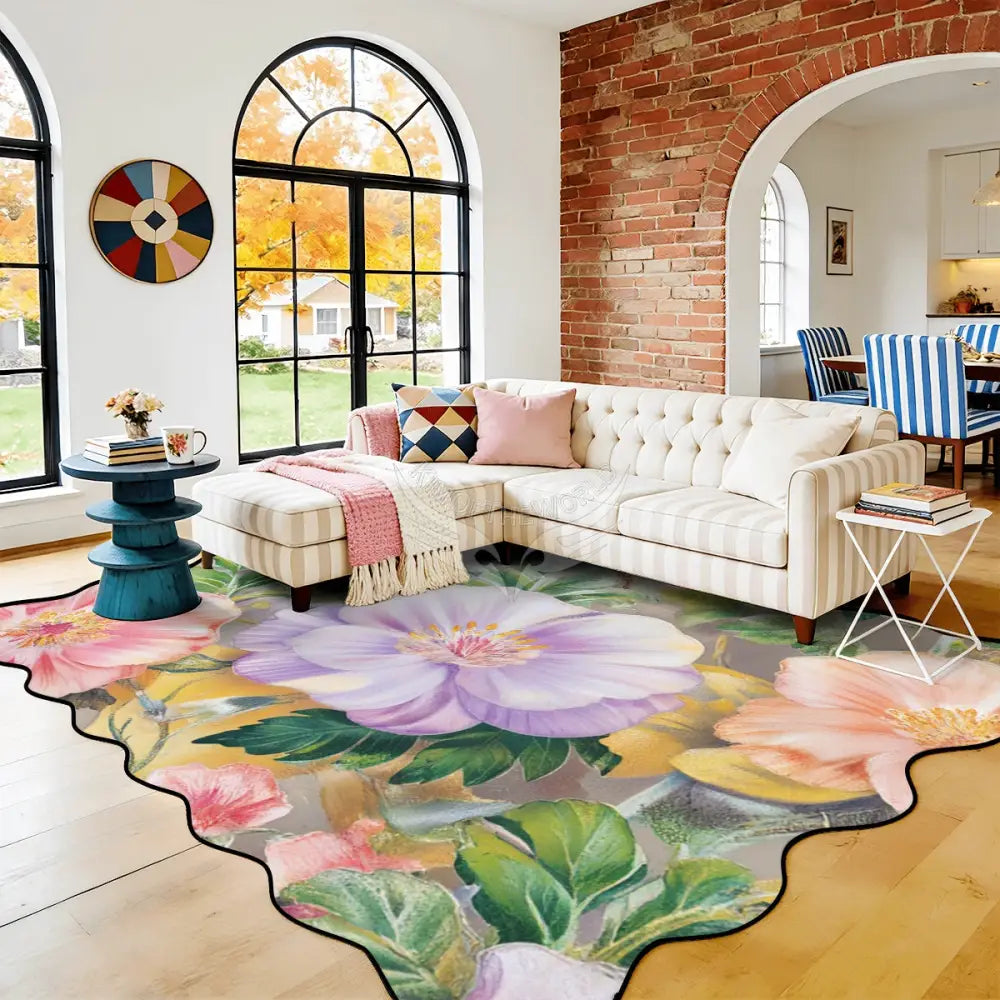 Pastel Floral Scalloped Area Rug 120’’x96’’ 120’’x96’’ Rugs & Mats
