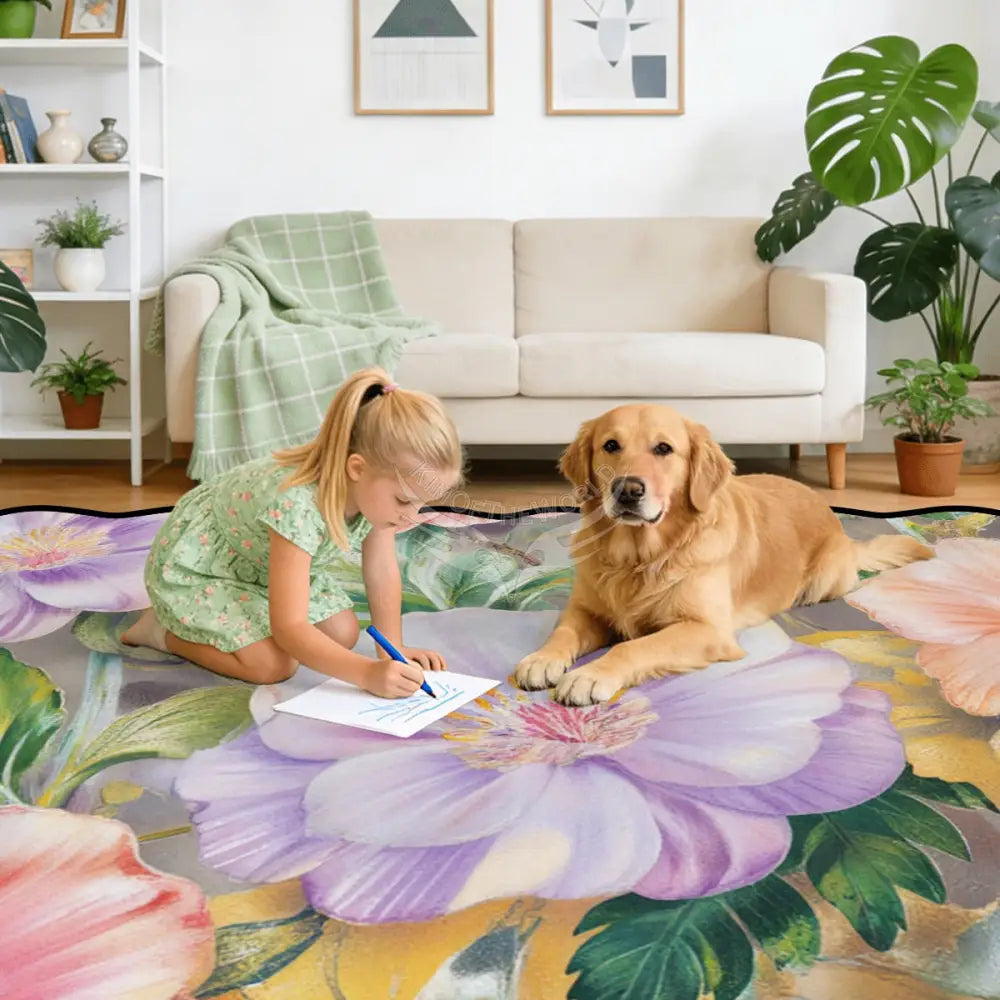 Pastel Floral Scalloped Area Rug 120’’x96’’ 120’’x96’’ Rugs & Mats