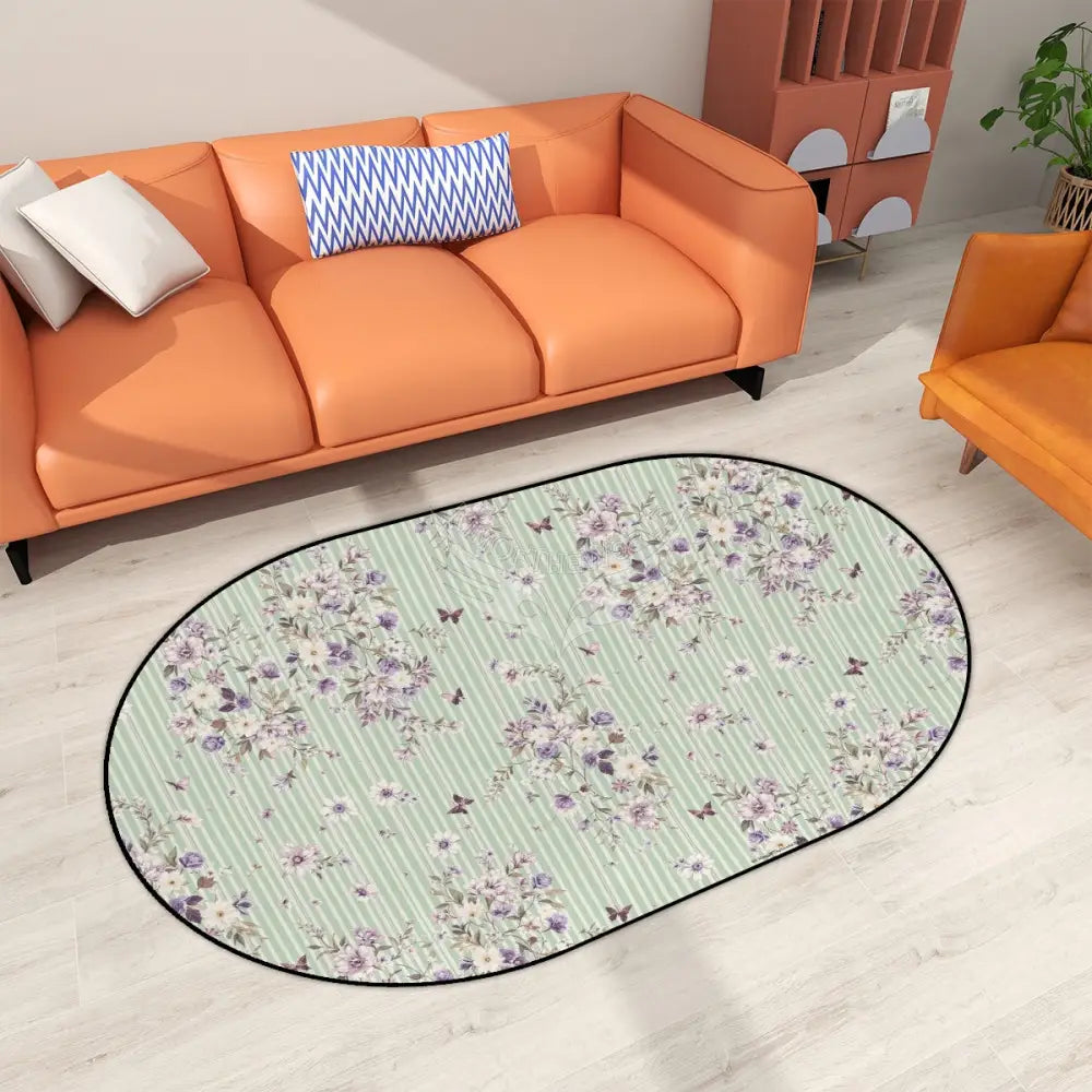 Pastel Green and Lavender Floral Wallpaper Multiple Sizes Oval Area Rug Rugs & Mats