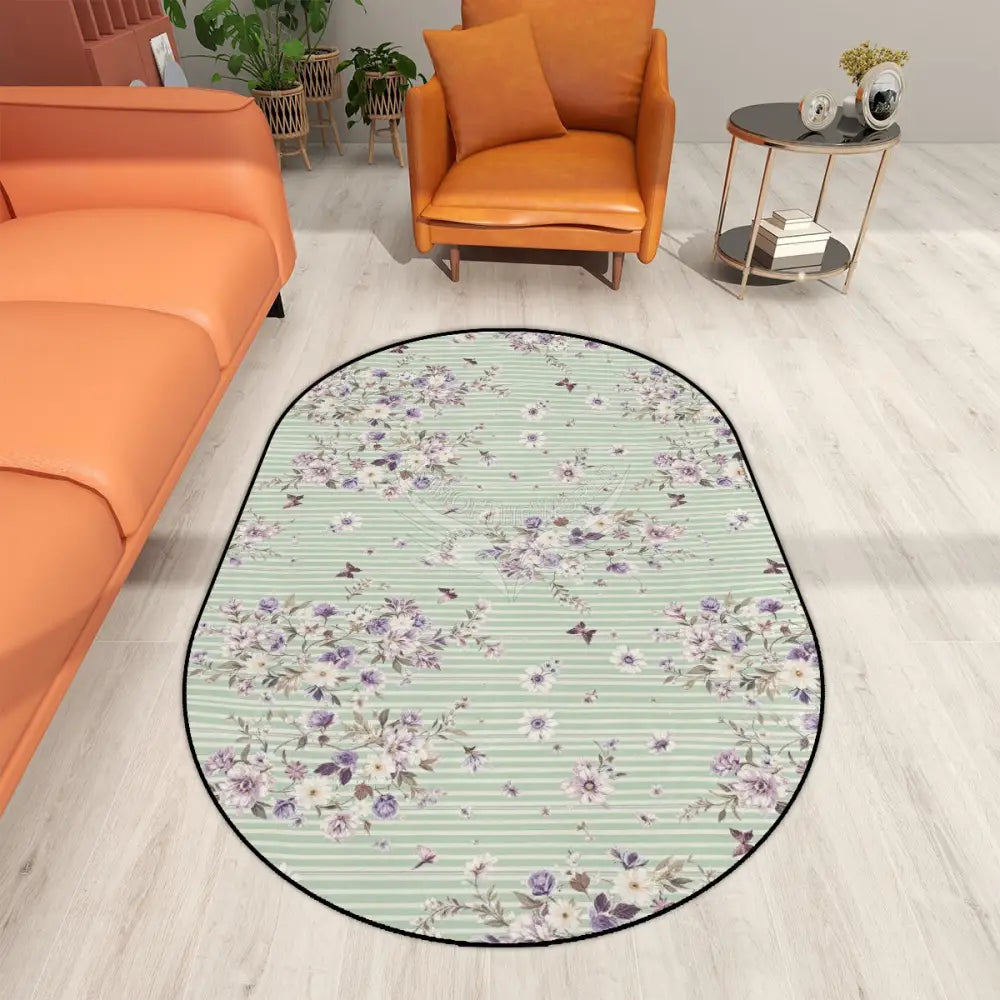 Pastel Green and Lavender Floral Wallpaper Multiple Sizes Oval Area Rug Rugs & Mats